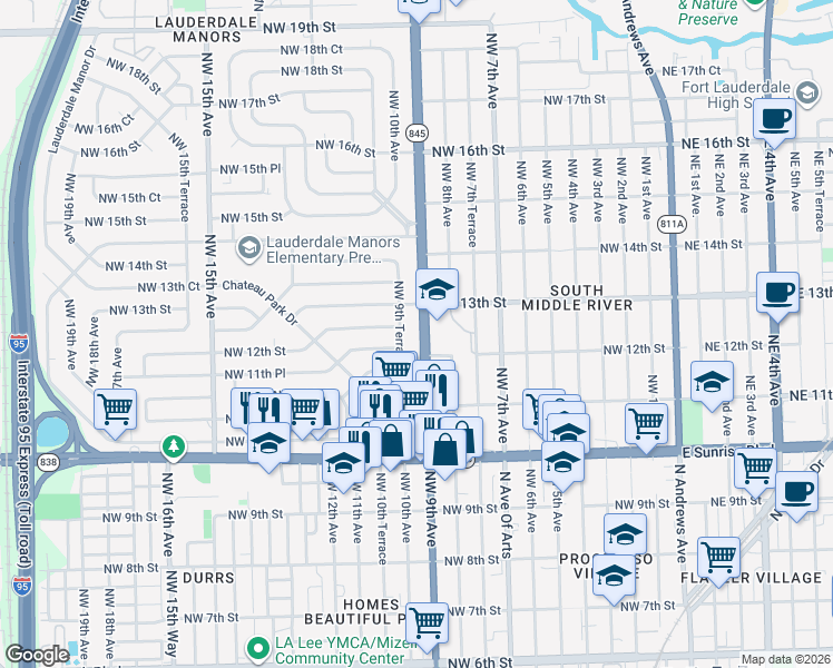 map of restaurants, bars, coffee shops, grocery stores, and more near 1151 Northwest 9th Avenue in Fort Lauderdale