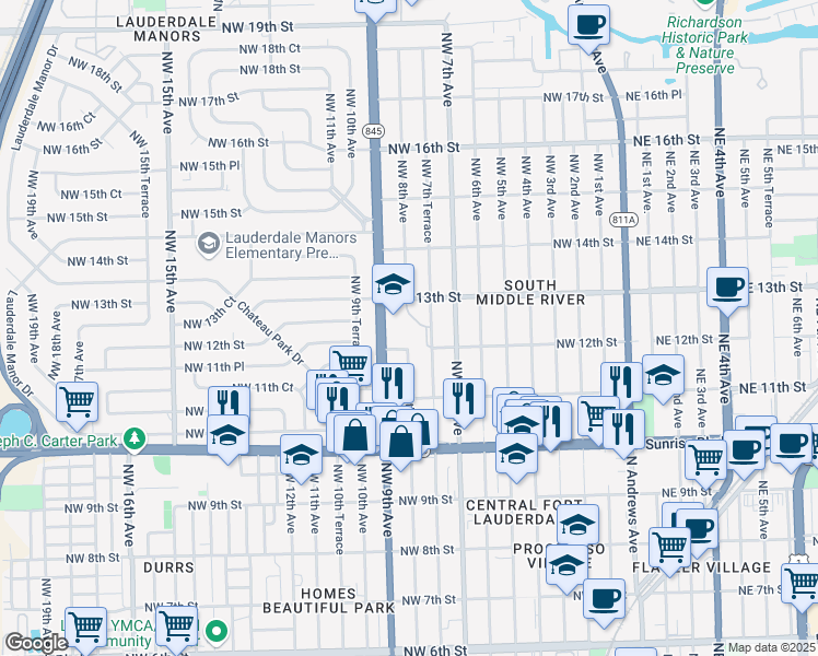 map of restaurants, bars, coffee shops, grocery stores, and more near 800 Northwest 13th Street in Fort Lauderdale