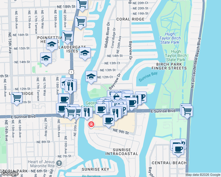 map of restaurants, bars, coffee shops, grocery stores, and more near 1122 Bayview Drive in Fort Lauderdale