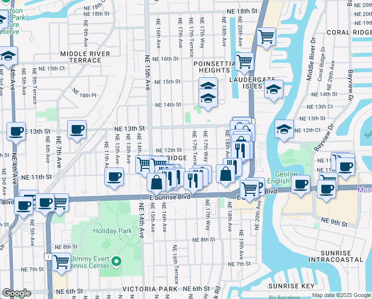 map of restaurants, bars, coffee shops, grocery stores, and more near 1132 Northeast 17th Avenue in Fort Lauderdale
