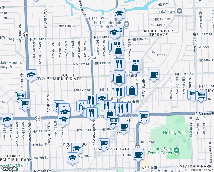 map of restaurants, bars, coffee shops, grocery stores, and more near 1145 Northeast 3rd Avenue in Fort Lauderdale