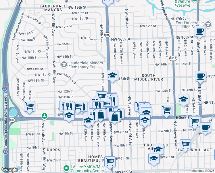 map of restaurants, bars, coffee shops, grocery stores, and more near 1151 Northwest 9th Avenue in Fort Lauderdale