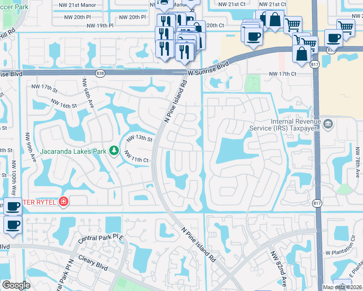 map of restaurants, bars, coffee shops, grocery stores, and more near 1191 Northwest 90th Avenue in Plantation