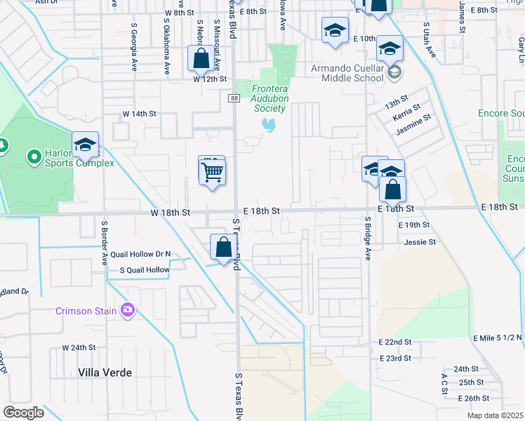 map of restaurants, bars, coffee shops, grocery stores, and more near 212 East 18th Street in Weslaco