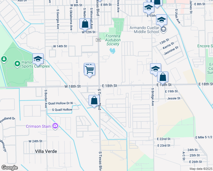 map of restaurants, bars, coffee shops, grocery stores, and more near 212 East 18th Street in Weslaco