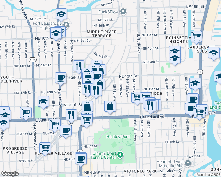 map of restaurants, bars, coffee shops, grocery stores, and more near 1010-1012 Northeast 12th Avenue in Fort Lauderdale