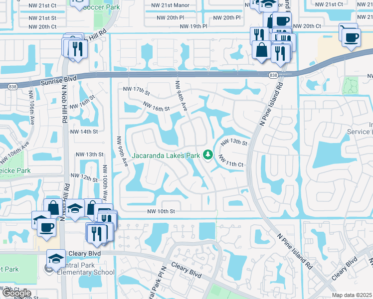 map of restaurants, bars, coffee shops, grocery stores, and more near 9440 Northwest 13th Street in Plantation