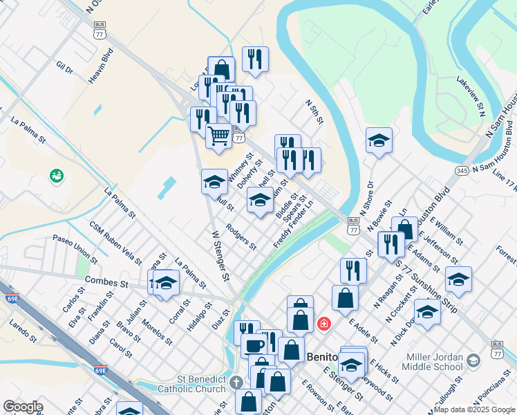 map of restaurants, bars, coffee shops, grocery stores, and more near 427 Yoakum St in San Benito