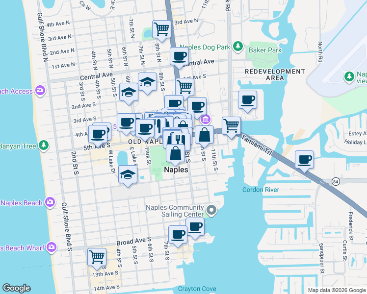 map of restaurants, bars, coffee shops, grocery stores, and more near 870 6th Avenue South in Naples