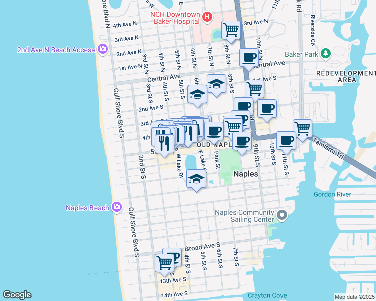 map of restaurants, bars, coffee shops, grocery stores, and more near 494 5th Avenue South in Naples