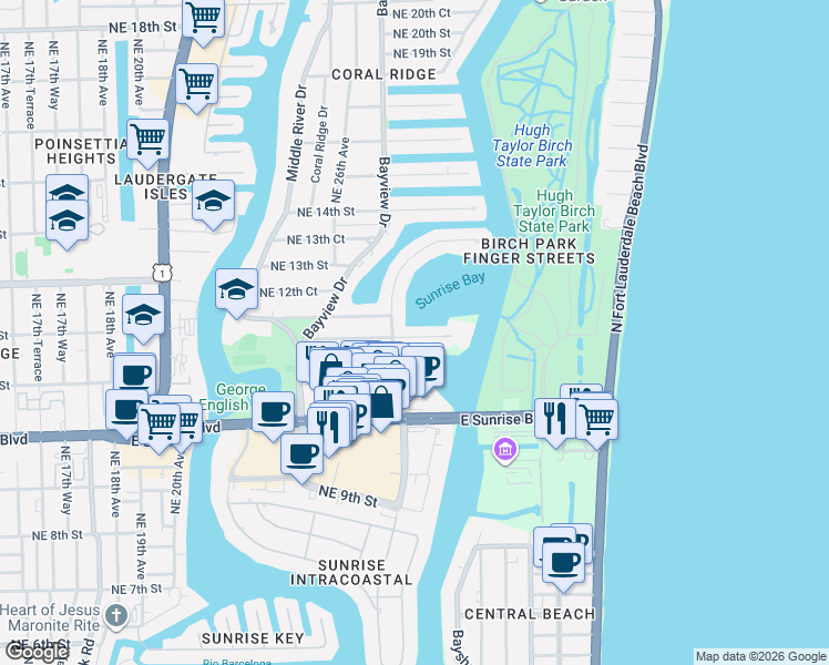 map of restaurants, bars, coffee shops, grocery stores, and more near 20 Yacht Club Boulevard in Fort Lauderdale