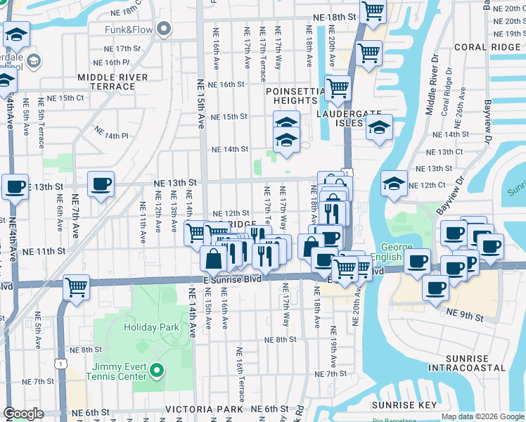 map of restaurants, bars, coffee shops, grocery stores, and more near 1132 Northeast 17th Avenue in Fort Lauderdale