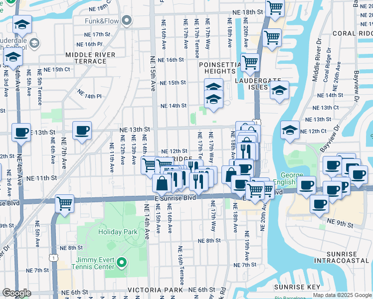 map of restaurants, bars, coffee shops, grocery stores, and more near 1132 Northeast 17th Avenue in Fort Lauderdale