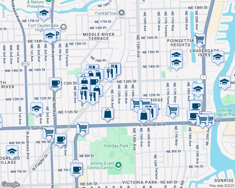 map of restaurants, bars, coffee shops, grocery stores, and more near 1140 Northeast 12th Avenue in Fort Lauderdale
