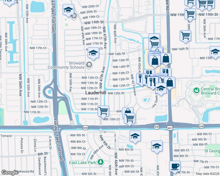 map of restaurants, bars, coffee shops, grocery stores, and more near 4541 Northwest 12th Street in Lauderhill