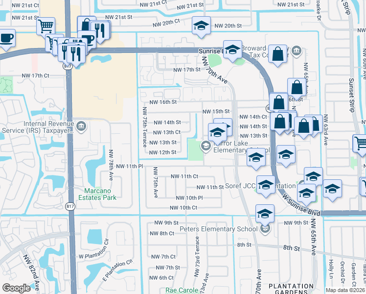 map of restaurants, bars, coffee shops, grocery stores, and more near 7400 Northwest 12th Street in Plantation
