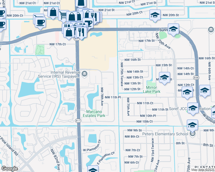 map of restaurants, bars, coffee shops, grocery stores, and more near 1200 Northwest 78th Avenue in Plantation