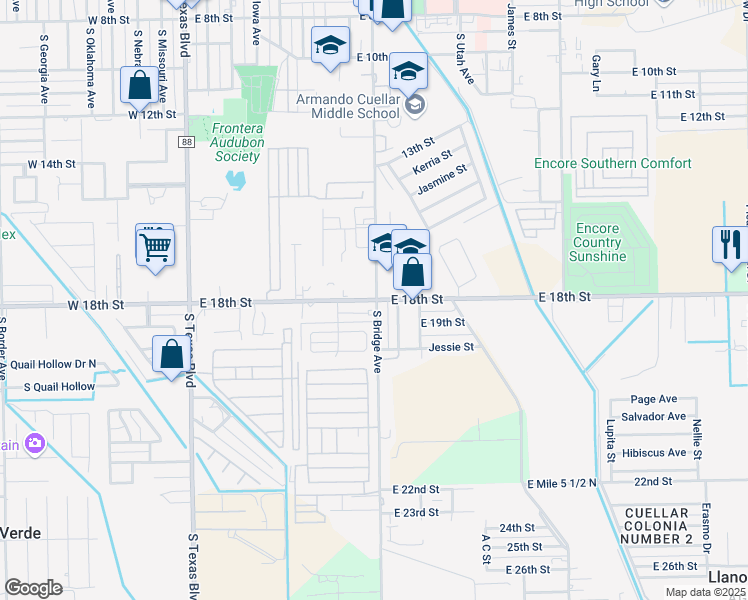 map of restaurants, bars, coffee shops, grocery stores, and more near 607 Buena Vista Drive in Weslaco