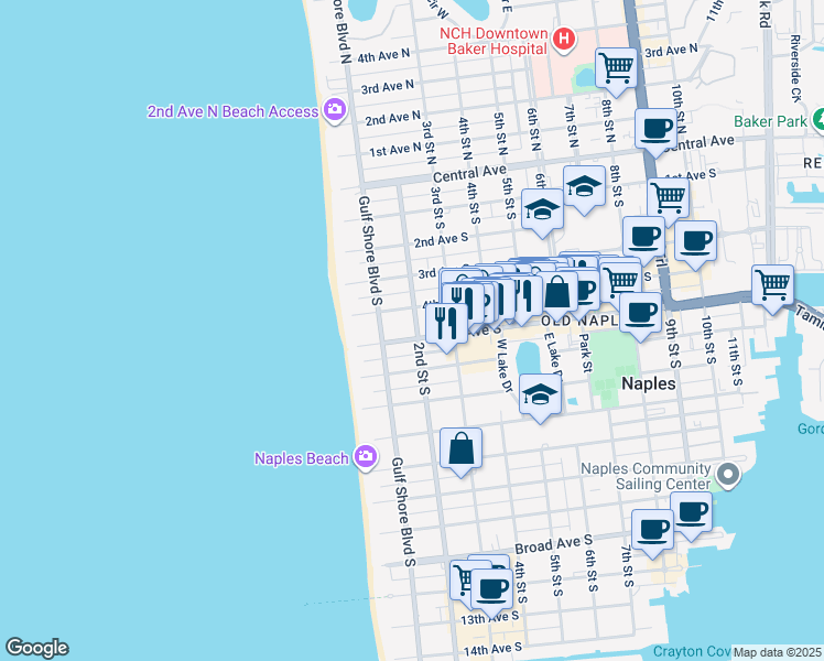 map of restaurants, bars, coffee shops, grocery stores, and more near 175 5th Avenue South in Naples