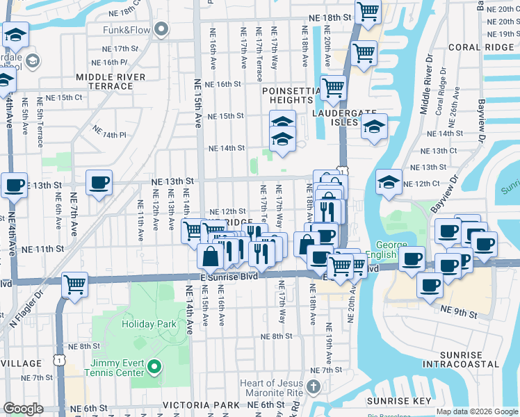 map of restaurants, bars, coffee shops, grocery stores, and more near 1132 Northeast 17th Avenue in Fort Lauderdale
