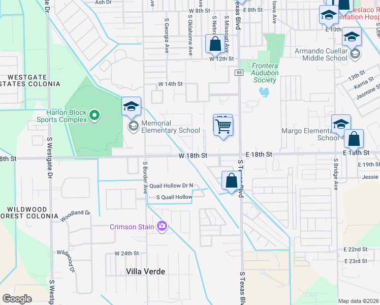 map of restaurants, bars, coffee shops, grocery stores, and more near 603 West 18th Street in Weslaco