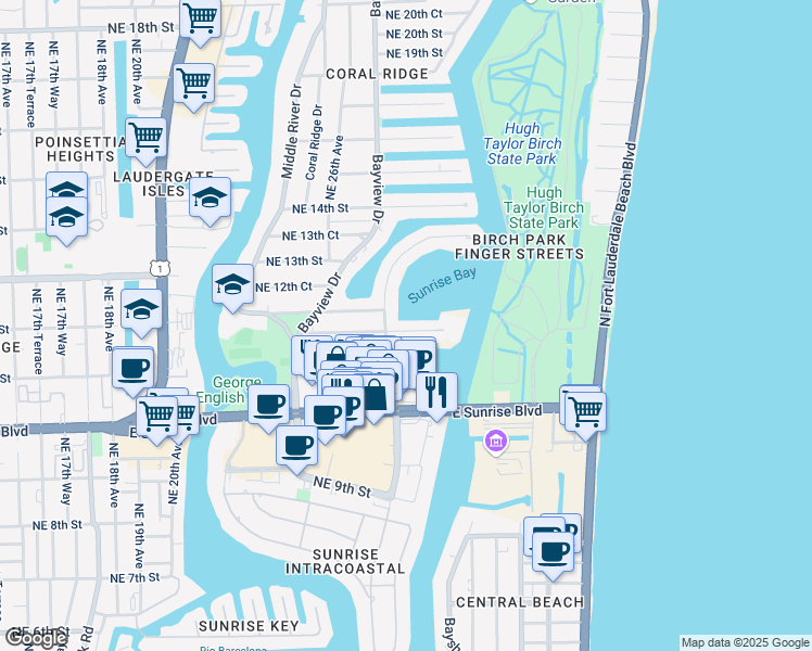 map of restaurants, bars, coffee shops, grocery stores, and more near 20 Yacht Club Boulevard in Fort Lauderdale