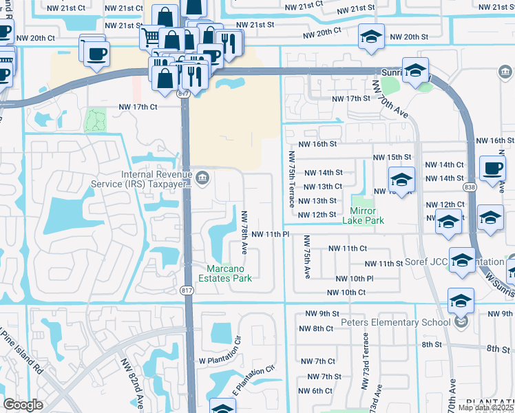map of restaurants, bars, coffee shops, grocery stores, and more near 1200 Northwest 78th Avenue in Plantation