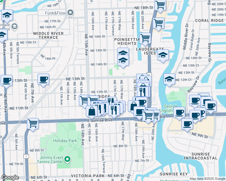 map of restaurants, bars, coffee shops, grocery stores, and more near 1132 Northeast 17th Avenue in Fort Lauderdale