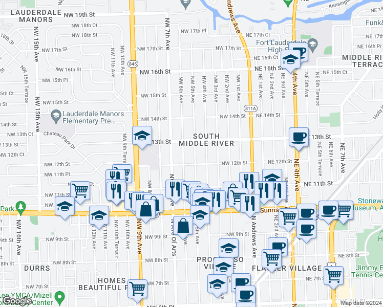 map of restaurants, bars, coffee shops, grocery stores, and more near 1221 Northwest 5th Avenue in Fort Lauderdale