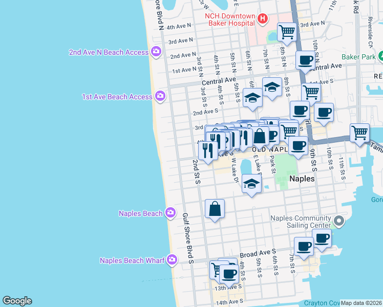 map of restaurants, bars, coffee shops, grocery stores, and more near 175 5th Avenue South in Naples