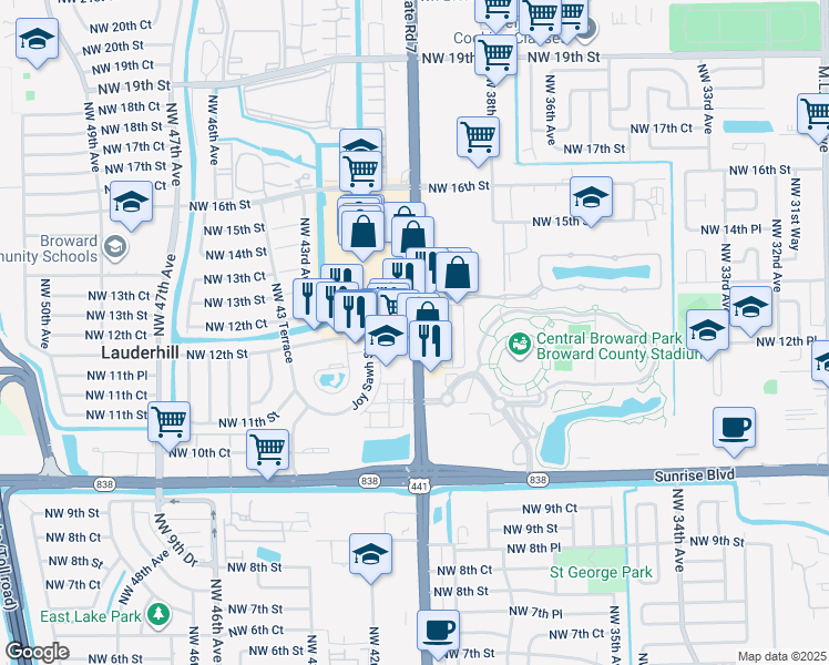 map of restaurants, bars, coffee shops, grocery stores, and more near 4000 Northwest 12th Street in Lauderhill