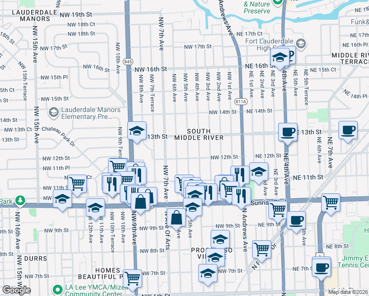 map of restaurants, bars, coffee shops, grocery stores, and more near 1205 Northwest 5th Avenue in Fort Lauderdale