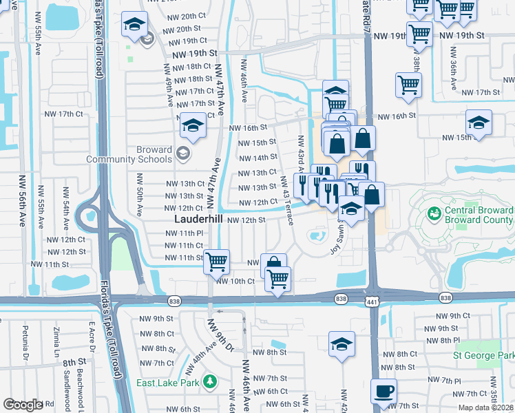 map of restaurants, bars, coffee shops, grocery stores, and more near 4451 Northwest 12th Street in Lauderhill