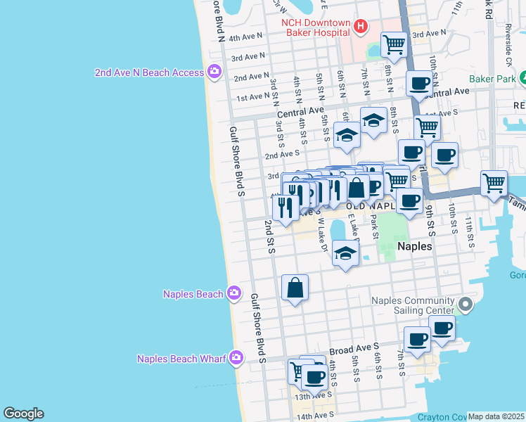 map of restaurants, bars, coffee shops, grocery stores, and more near 120 5th Avenue South in Naples