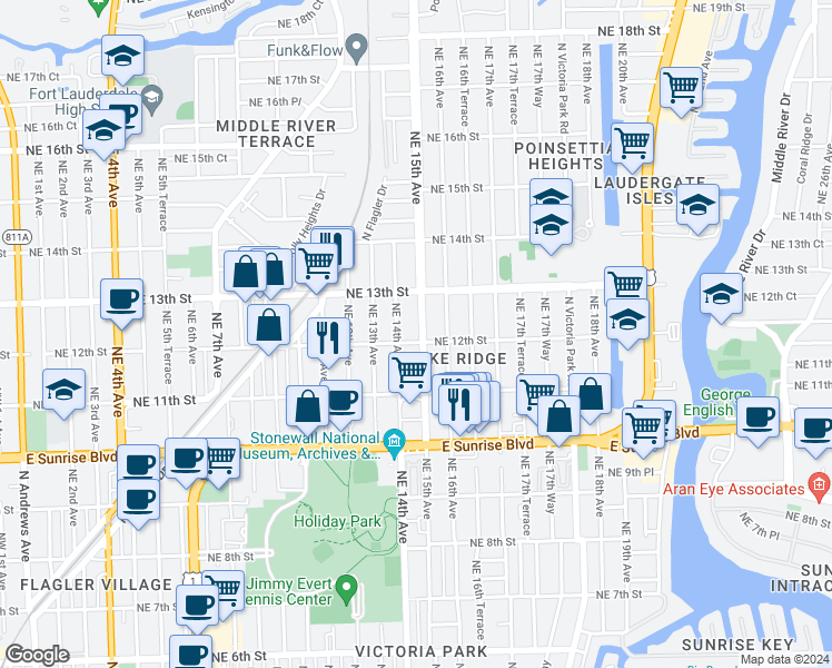 map of restaurants, bars, coffee shops, grocery stores, and more near 1136 Northeast 15th Avenue in Fort Lauderdale