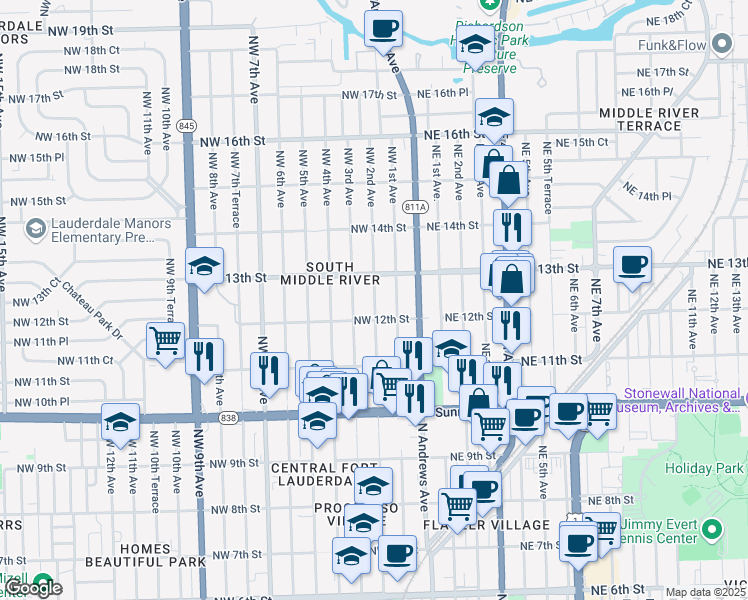 map of restaurants, bars, coffee shops, grocery stores, and more near 1201 Northwest 12th Street in Fort Lauderdale