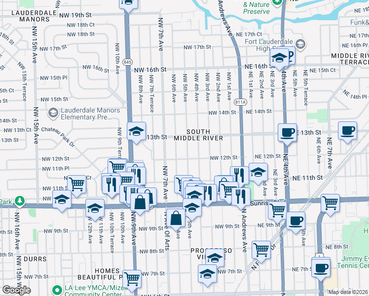 map of restaurants, bars, coffee shops, grocery stores, and more near 1205 Northwest 5th Avenue in Fort Lauderdale