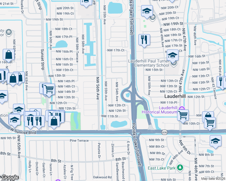 map of restaurants, bars, coffee shops, grocery stores, and more near 1340 Northwest 54th Avenue in Lauderhill