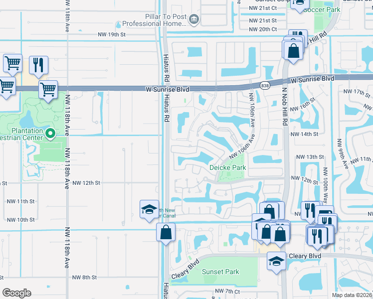 map of restaurants, bars, coffee shops, grocery stores, and more near 10820 Northwest 12th Place in Plantation