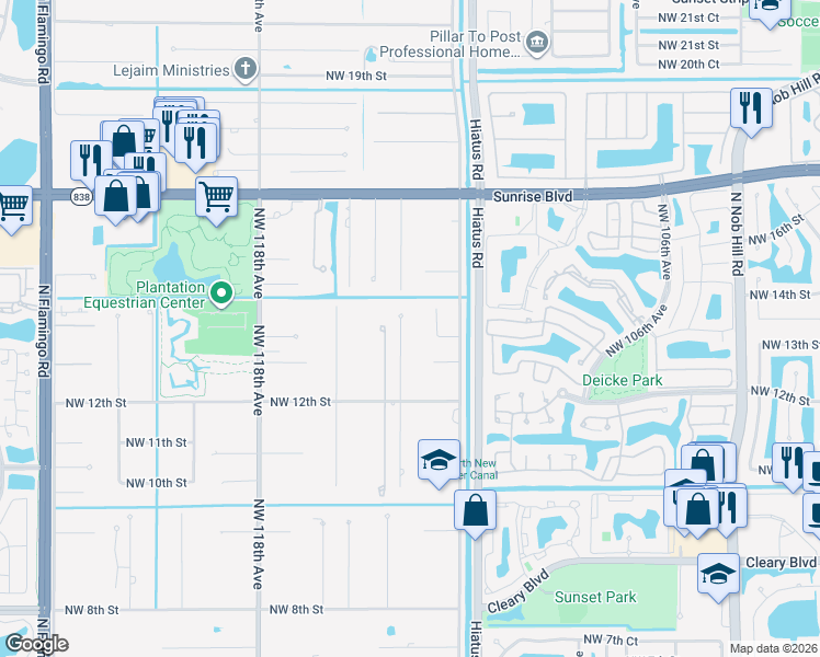 map of restaurants, bars, coffee shops, grocery stores, and more near 11220 Northwest 14th Street in Plantation