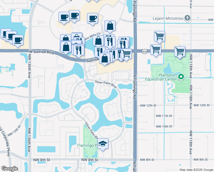 map of restaurants, bars, coffee shops, grocery stores, and more near 1453 Northwest 126th Terrace in Sunrise