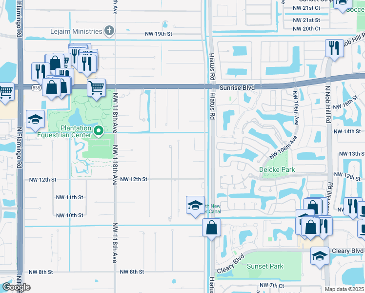map of restaurants, bars, coffee shops, grocery stores, and more near 11220 Northwest 14th Street in Plantation