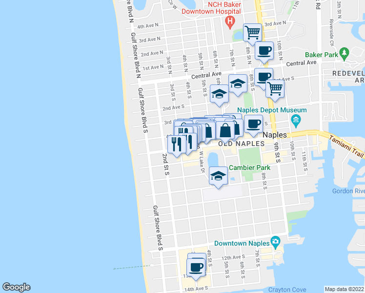map of restaurants, bars, coffee shops, grocery stores, and more near 303 5th Avenue South in Naples