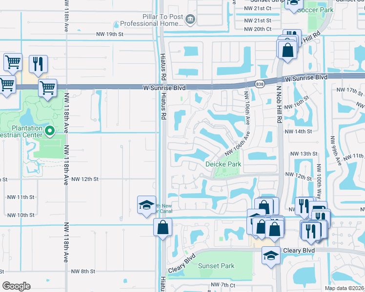 map of restaurants, bars, coffee shops, grocery stores, and more near 10820 Northwest 12th Place in Plantation