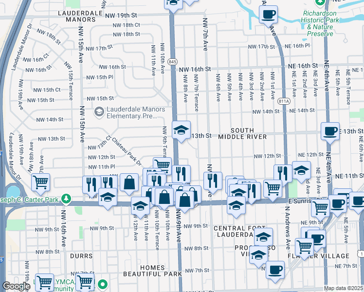 map of restaurants, bars, coffee shops, grocery stores, and more near 800 Northwest 13th Street in Fort Lauderdale