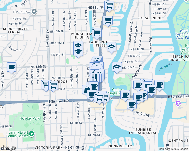 map of restaurants, bars, coffee shops, grocery stores, and more near 1201 North Federal Highway in Fort Lauderdale