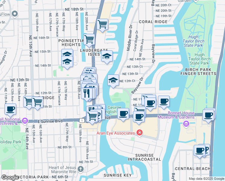 map of restaurants, bars, coffee shops, grocery stores, and more near 1175 Middle River Drive in Fort Lauderdale