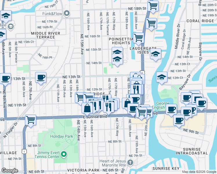 map of restaurants, bars, coffee shops, grocery stores, and more near 1132 Northeast 17th Avenue in Fort Lauderdale