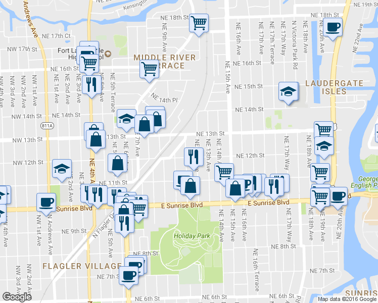 map of restaurants, bars, coffee shops, grocery stores, and more near 1010-1012 Northeast 12th Avenue in Fort Lauderdale