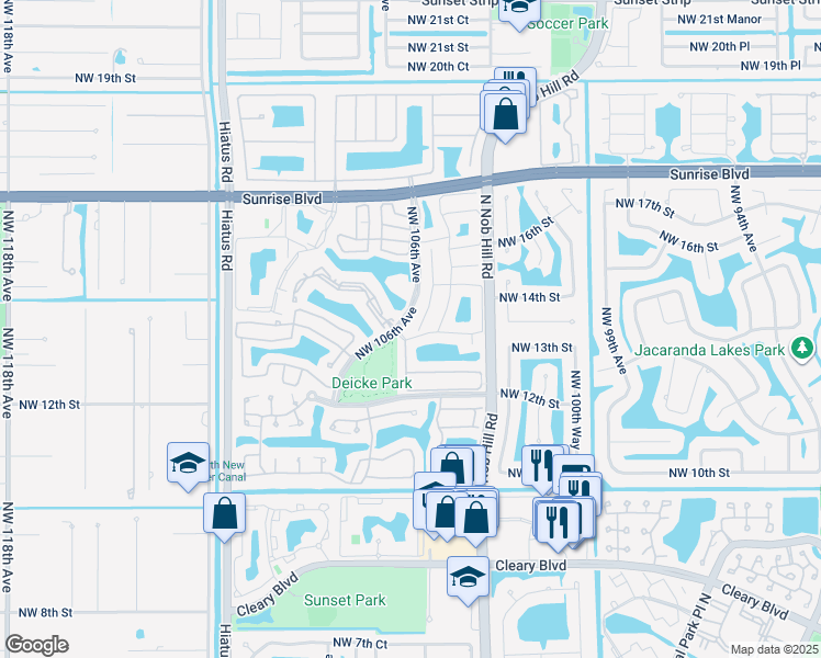 map of restaurants, bars, coffee shops, grocery stores, and more near 1361 Northwest 105th Avenue in Plantation